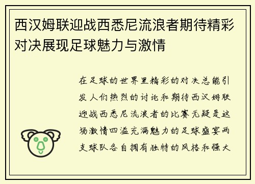 西汉姆联迎战西悉尼流浪者期待精彩对决展现足球魅力与激情